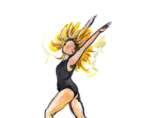 Painting of young contemporary female dancer flicking hair up