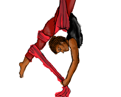 Illustration of aerialist global majority dancer hanging from red silks