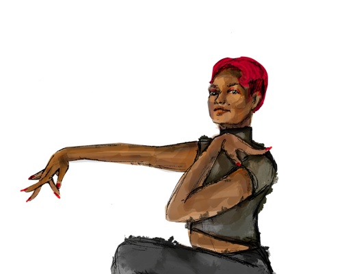 Illustion of red hair LGBTQ+ voguer wearing heals